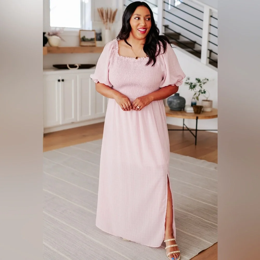 Blush Pink Smocked Maxi Dress Slit Sleeve | Cottagecore Spring Size M - Picture 2 of 7